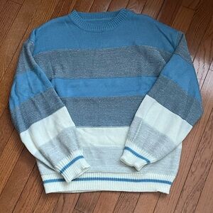 Vintage blue, white, and silver 80s striped crew-neck sweater, size M